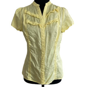 AUTOGRAPH 100% linen yellow short sleeve button down ruffle blouse. Size S